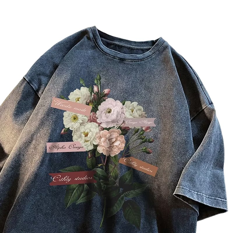 Floral Washed Cotton Oversized T-shirt - T-shirts