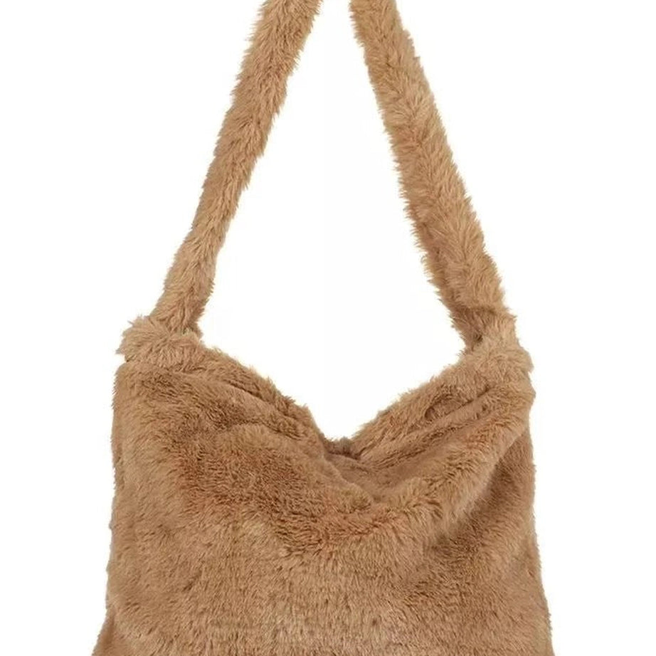 Aesthetic Fluffy Shoulder Plush Tote 1-khaki Shoptery
