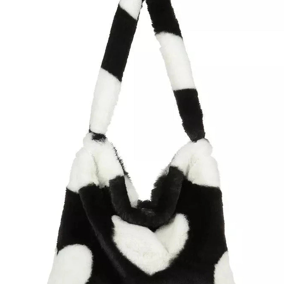 Aesthetic Fluffy Shoulder Plush Tote 1-black heart Shoptery