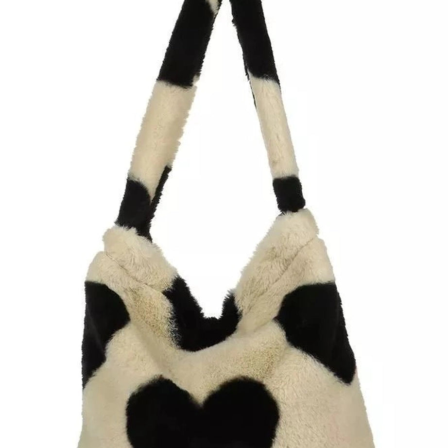 Aesthetic Fluffy Shoulder Plush Tote 1-brown heart Shoptery