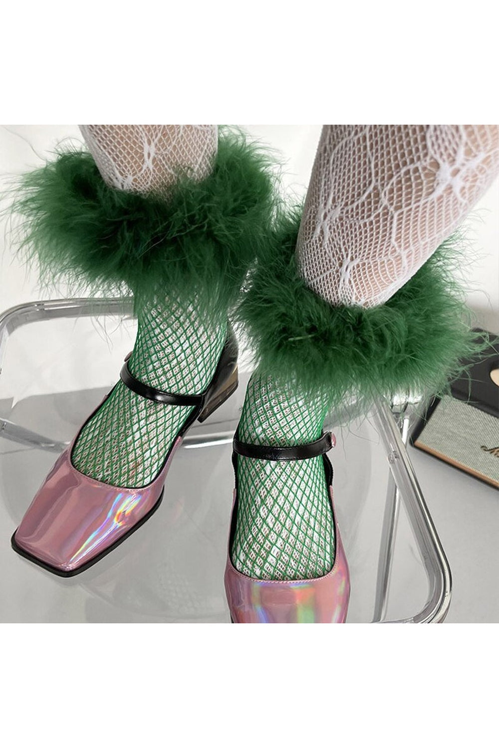 Furry Fishnet Party Socks Green Shoptery