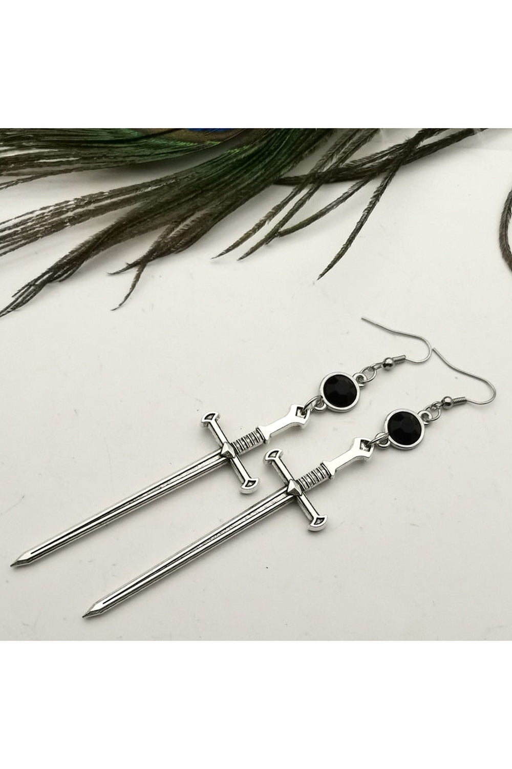 Goth Black Crystal Sword Earrings - Earrings