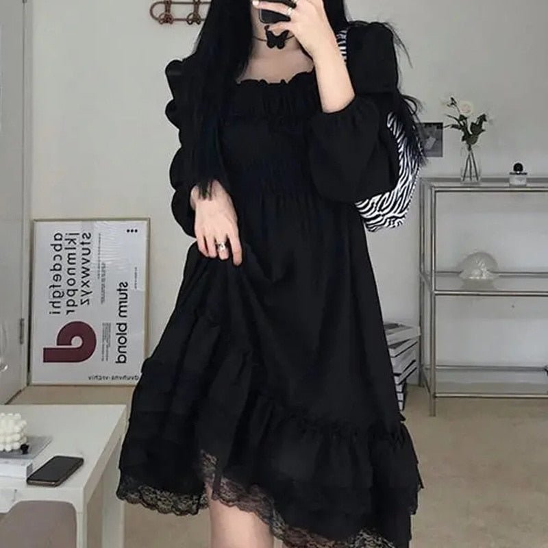 Goth Black Lace Ruffle Dress - Dresses