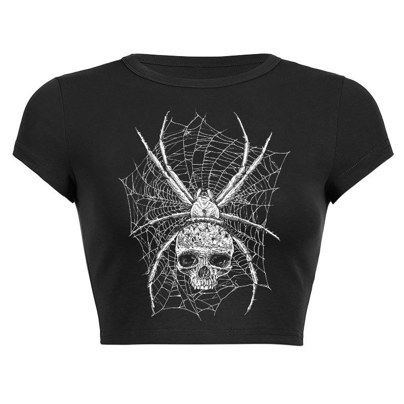 Goth Dark Punk Skull Print Crop Top - Crop Tops