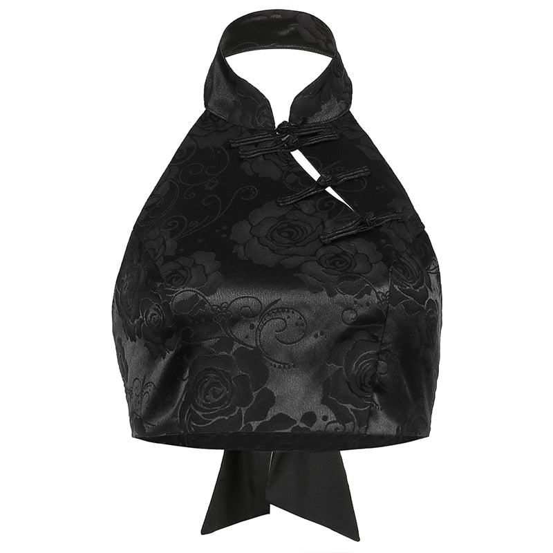 Goth Elegant Jacquard Black Halter Crop Top - Crop Tops