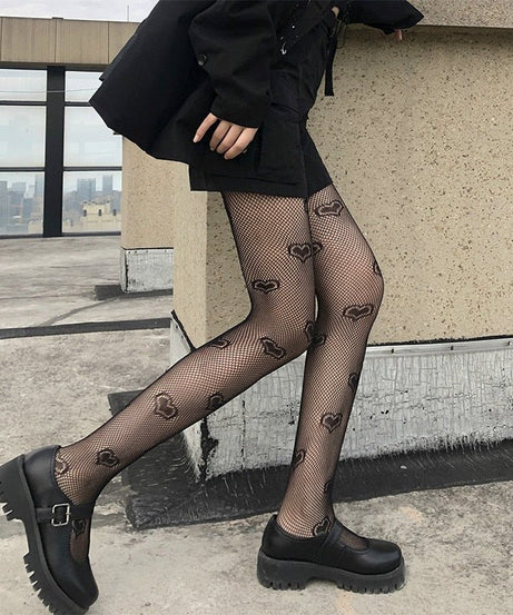 Goth Heart Pattern Tights Fishnet - Fishnet Tights