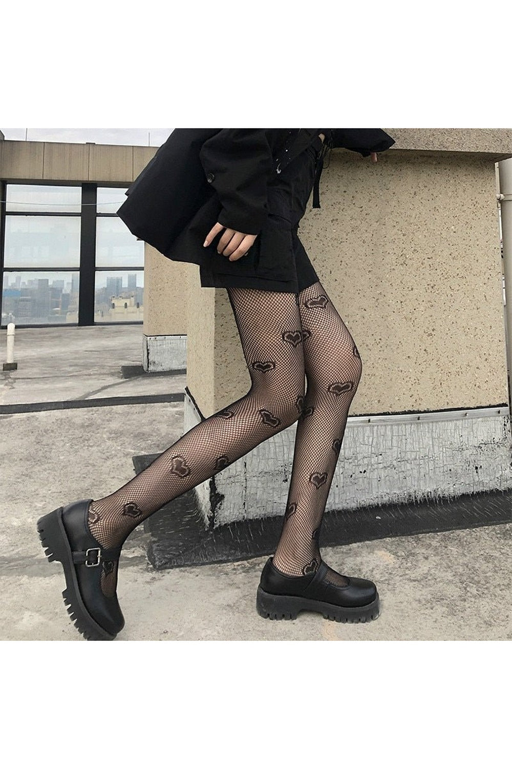 Goth Heart Pattern Tights Fishnet - Fishnet Tights