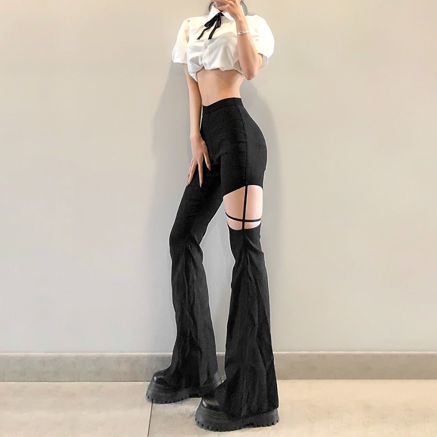 Goth Hollow Out Flare Pants - Pants