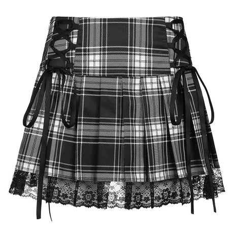 Goth Lace Trim Plaid Skirt -