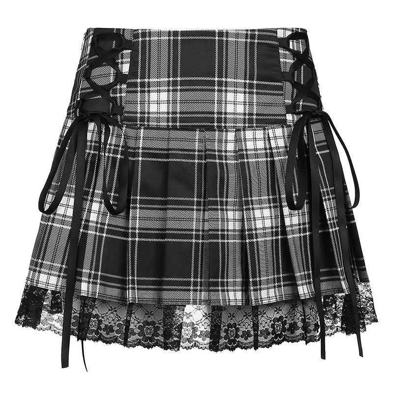 Goth Lace Trim Plaid Skirt -