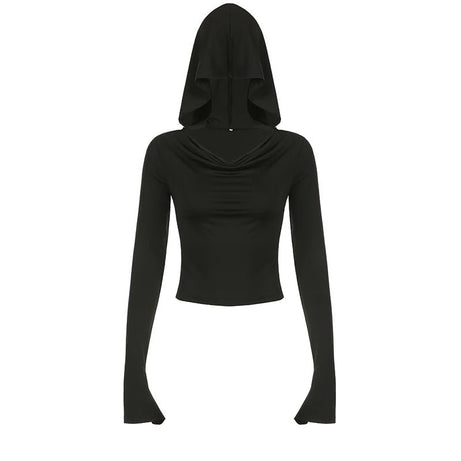 Gothic Black Hooded Crop Top -