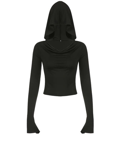 Gothic Black Hooded Crop Top -