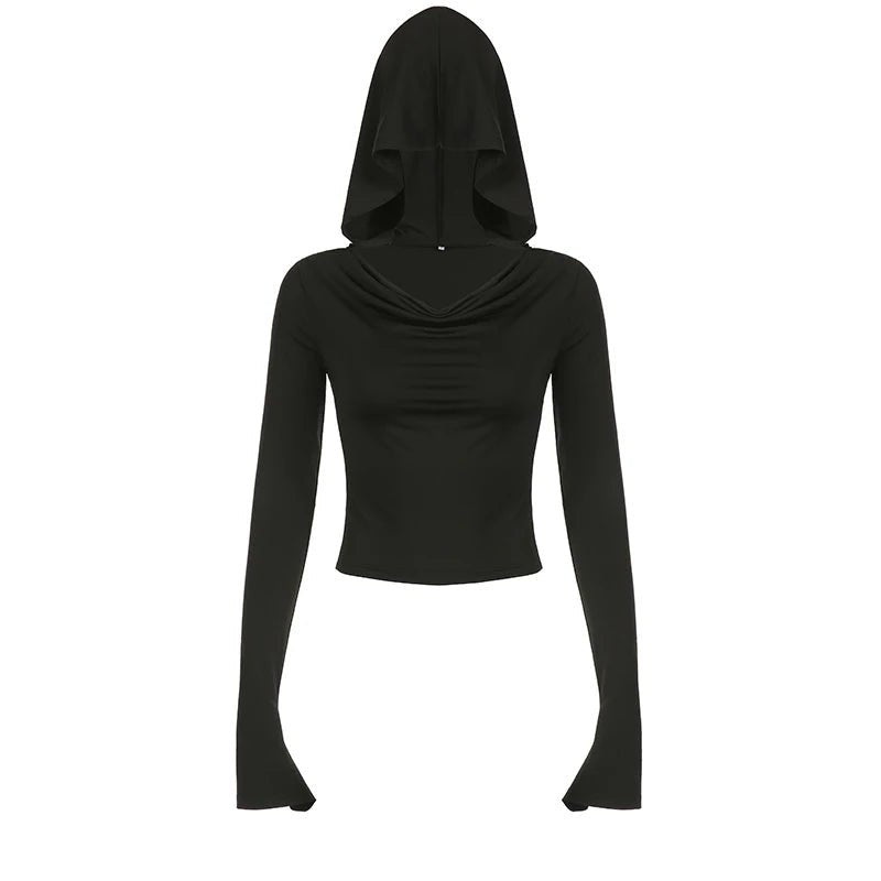 Gothic Black Hooded Crop Top -