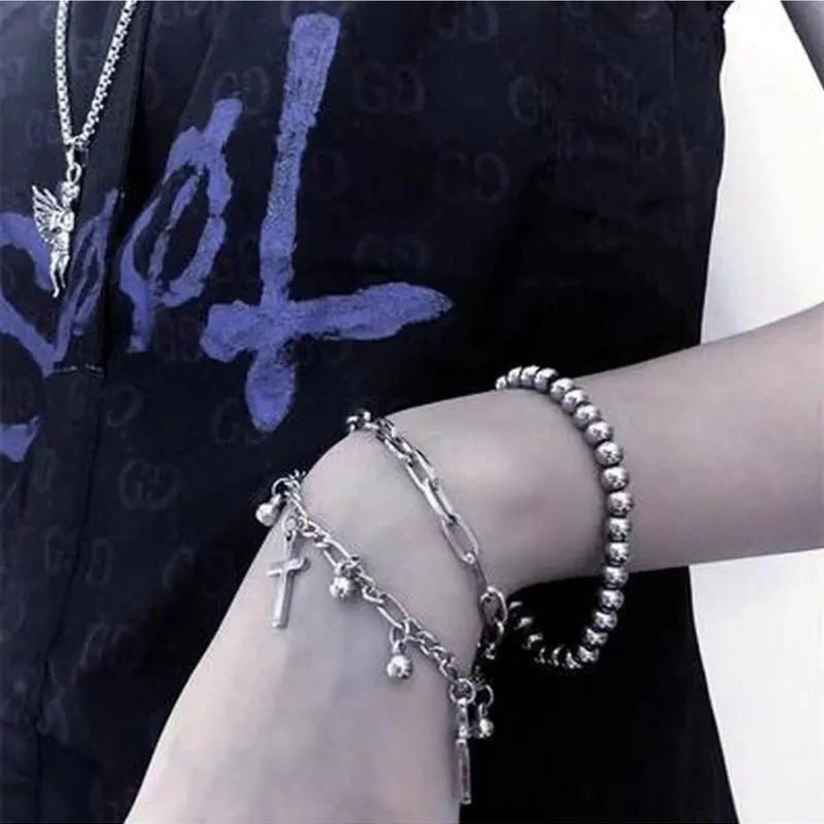 Alt Gothic Cross Charm Layered Bracelet Shoptery