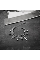 Alt Gothic Cross Charm Layered Bracelet Shoptery