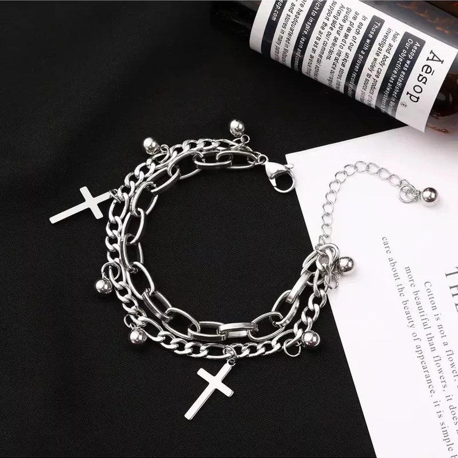 Alt Gothic Cross Charm Layered Bracelet Shoptery