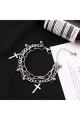 Alt Gothic Cross Charm Layered Bracelet Shoptery