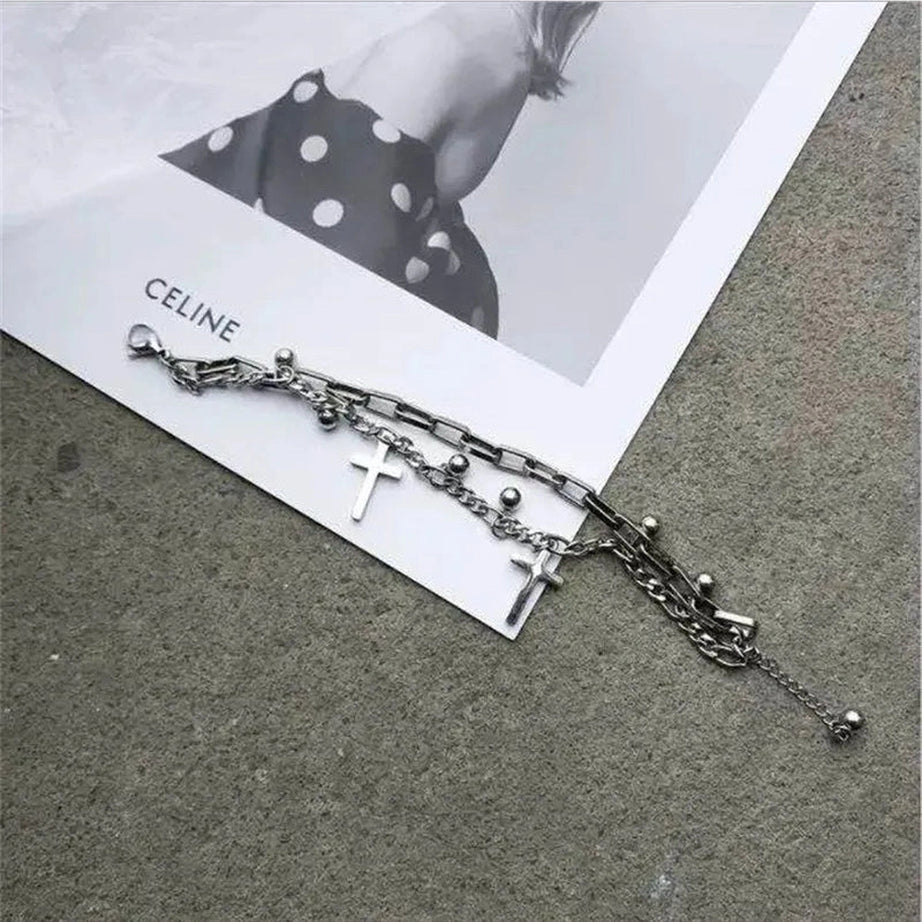 Alt Gothic Cross Charm Layered Bracelet Shoptery