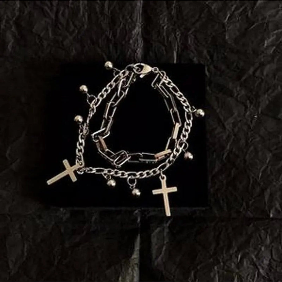 Alt Gothic Cross Charm Layered Bracelet Shoptery