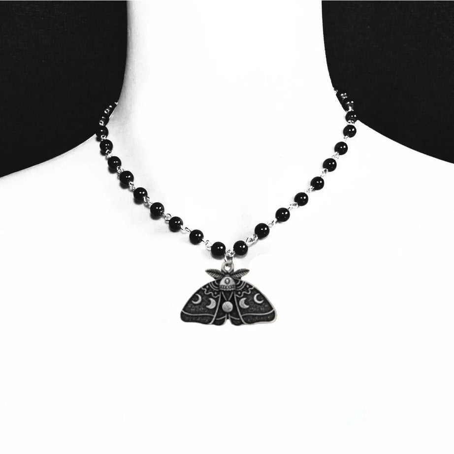 Edgy Gothic Luna Moth Black Bead Necklace Shoptery