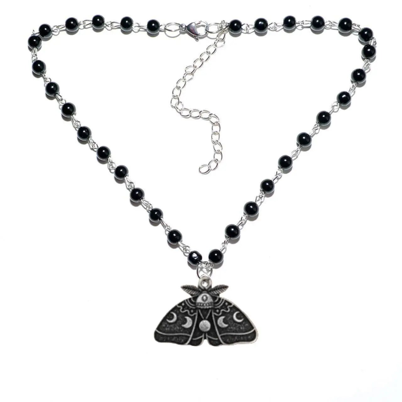 Gothic Luna Moth Black Bead Necklace -
