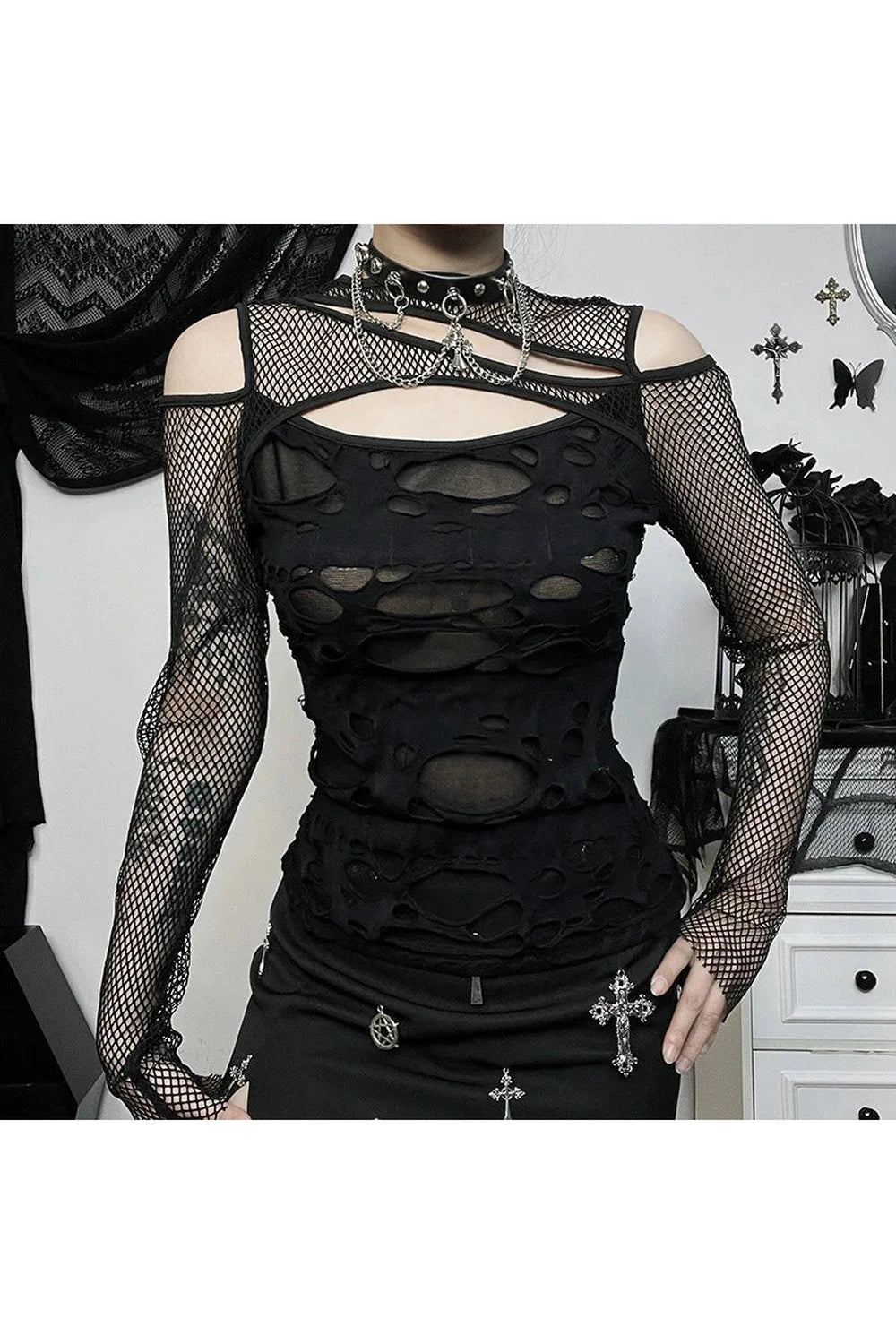 Alt Gothic Mesh Hole Fishnet Blouse Shoptery