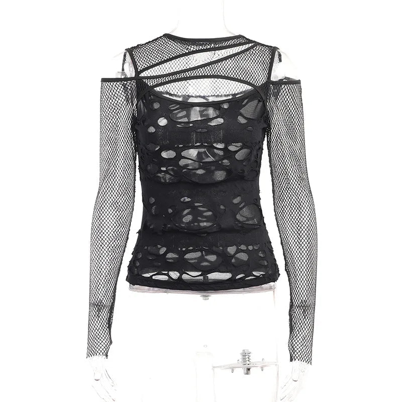 Gothic Mesh Hole Fishnet Blouse -