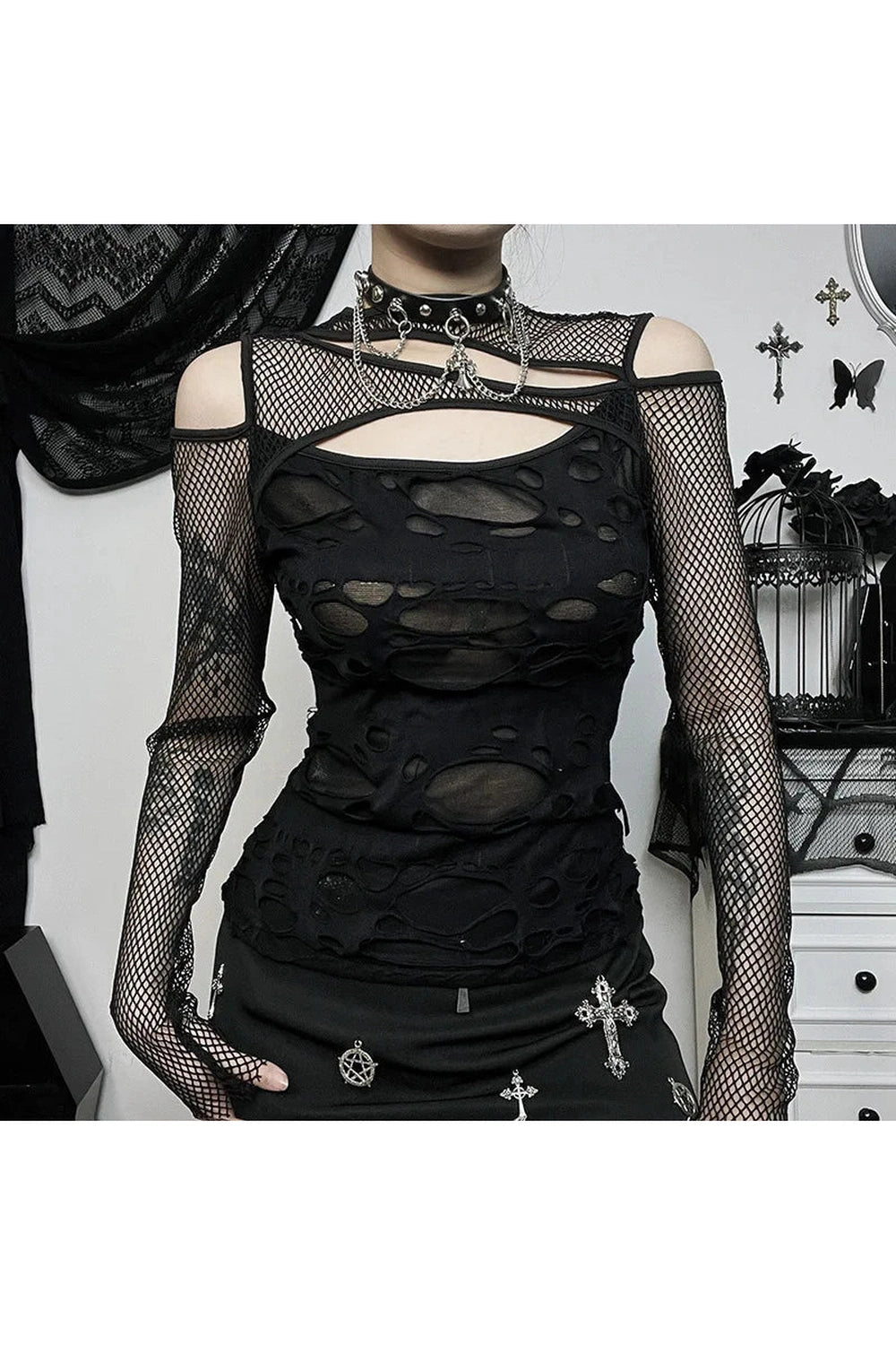 Alt Gothic Mesh Hole Fishnet Blouse Shoptery