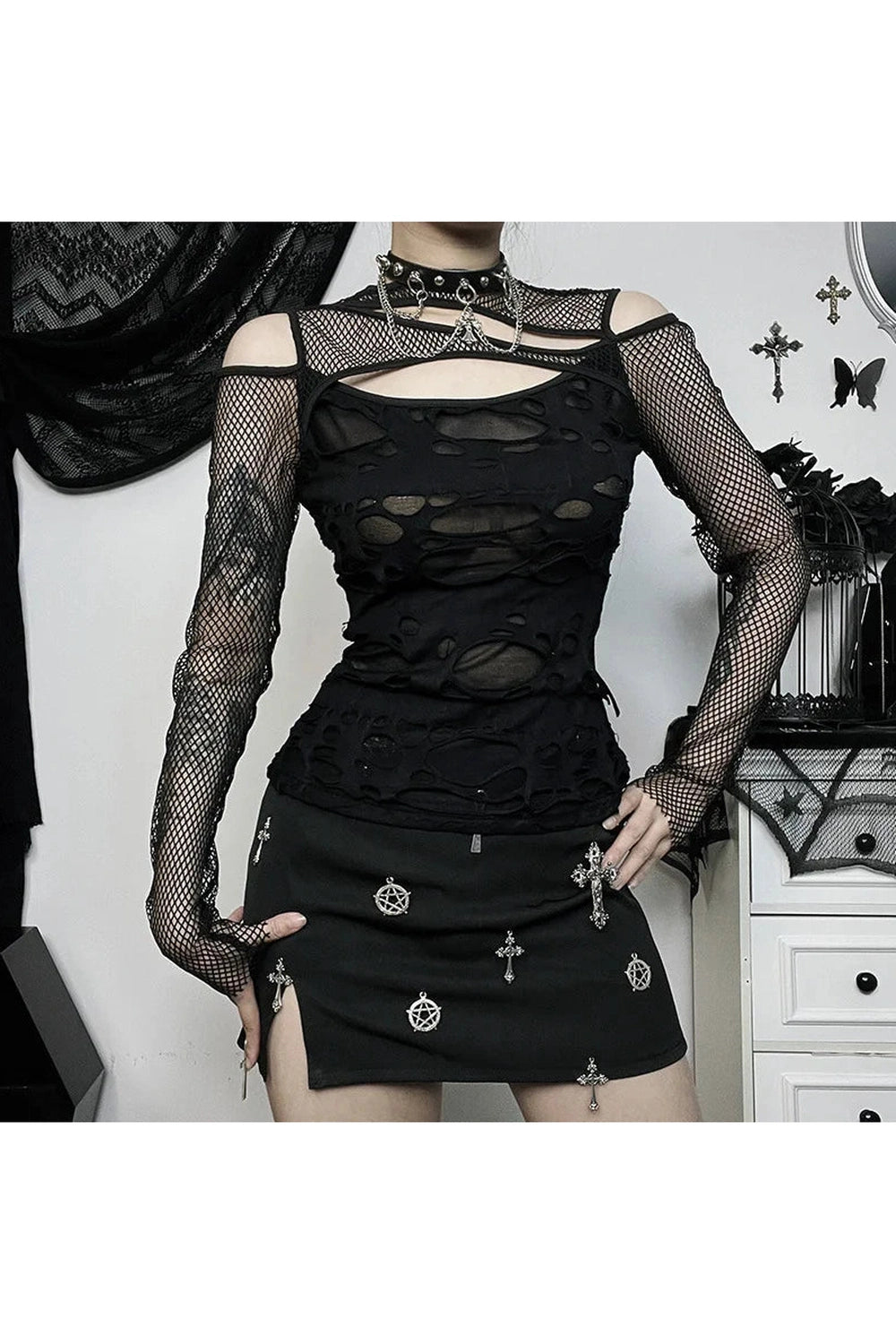 Alt Gothic Mesh Hole Fishnet Blouse Shoptery