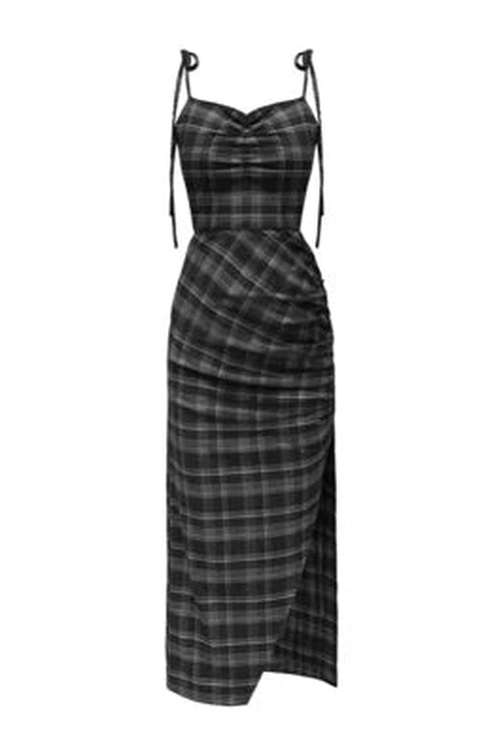 Gothic Plaid V-Neck Halter Dress -