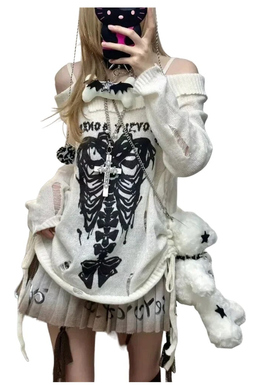 Gothic Skull Off-Shoulder Sweater -