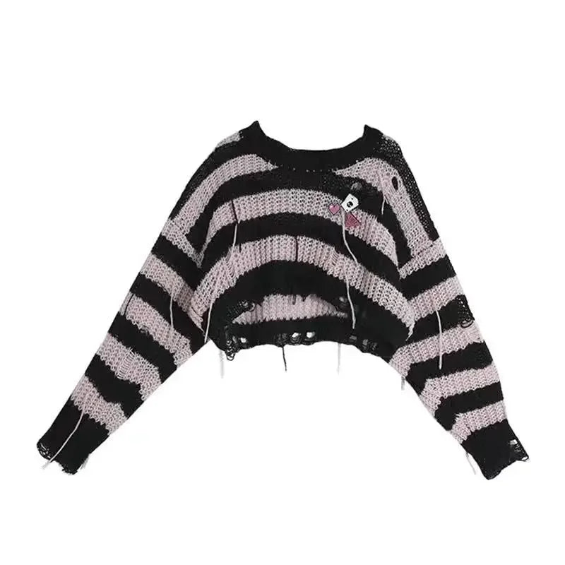 Gothic Striped Crop Knit Pullover -