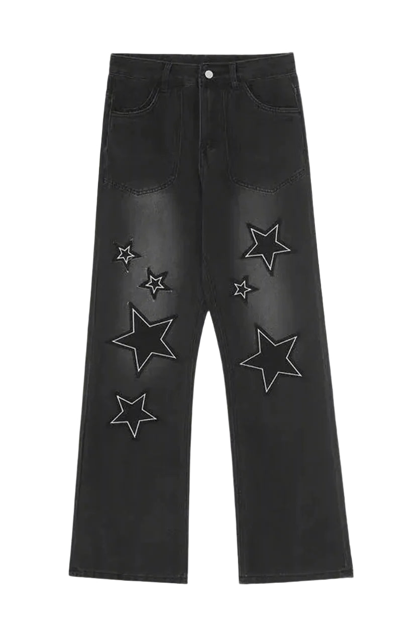 Y2k Acubi Gradient Star Embroidery Jeans Black Shoptery