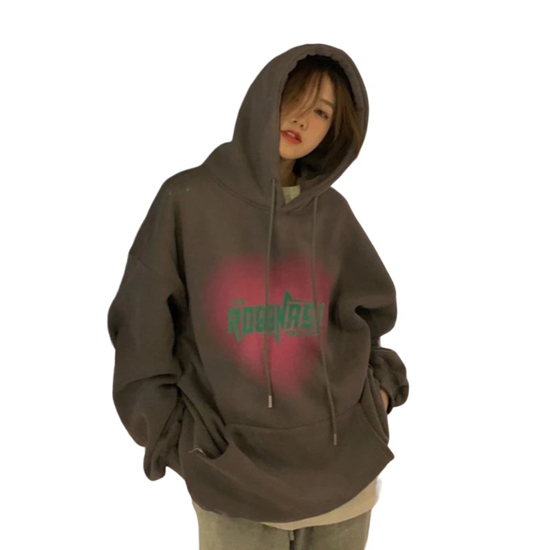 Grey Letter Print Fleece Hoodie -