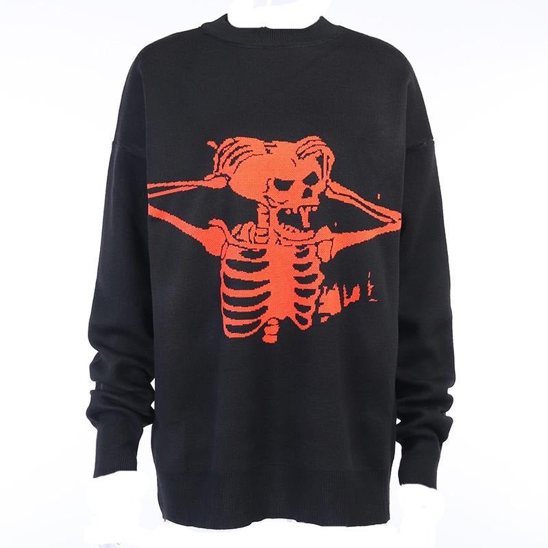 Grunge Black Skeleton Print Sweater - Sweaters