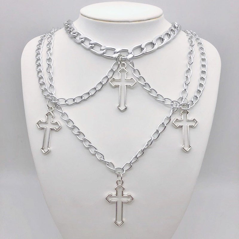 Grunge Necklace With Four Crosses - Necklaces