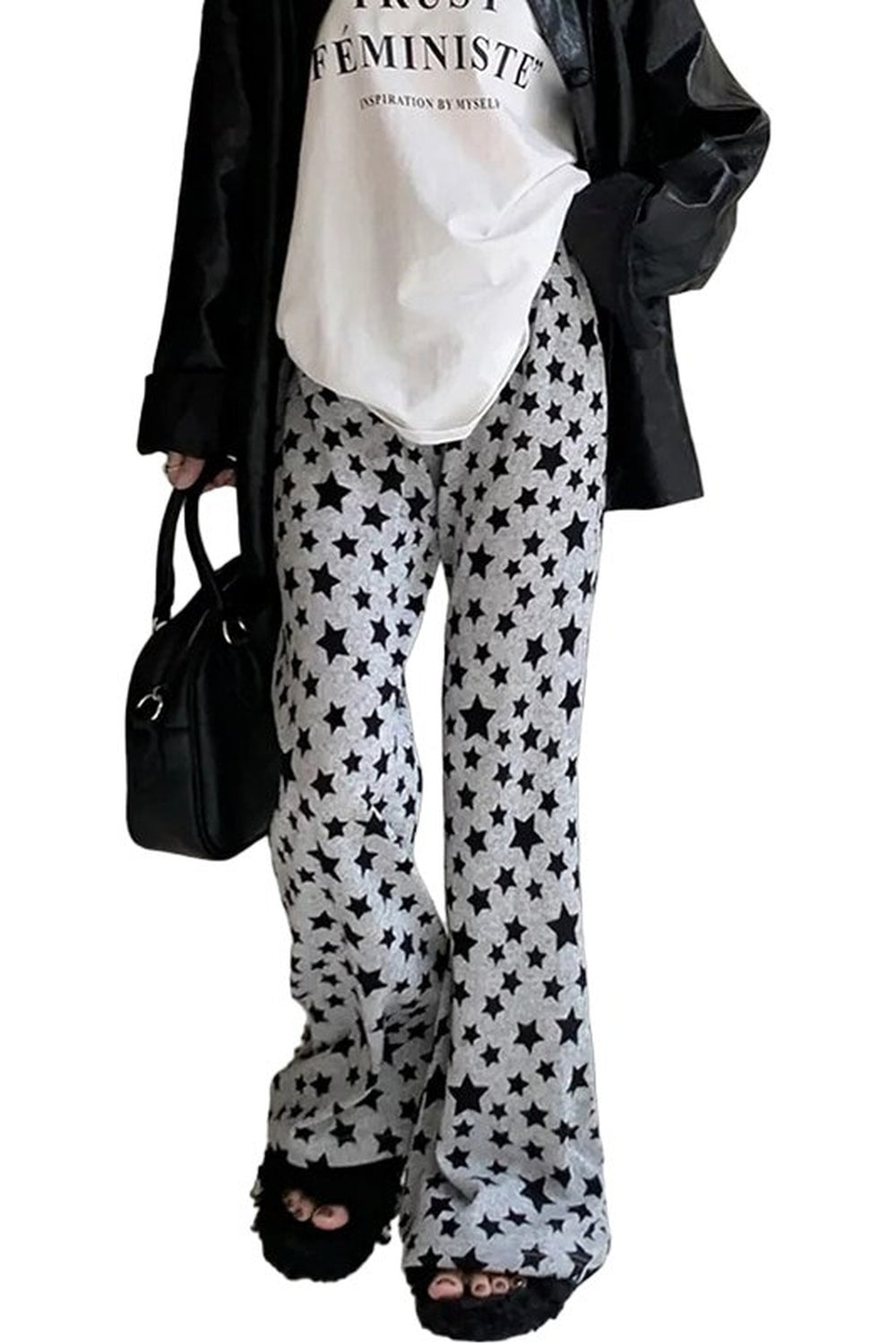 Grunge Star Print Flare Pants - Pants