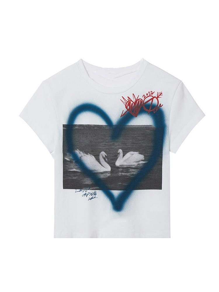 Grunge Style Swans Print T-shirt - T-shirts