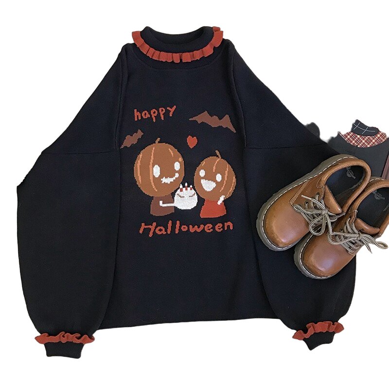 Halloween Pumpkin Lantern Sleeve Sweater - Sweaters