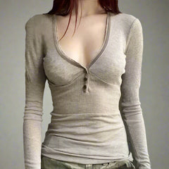 Acubi Heathered Henley Romance Top Khaki Shoptery