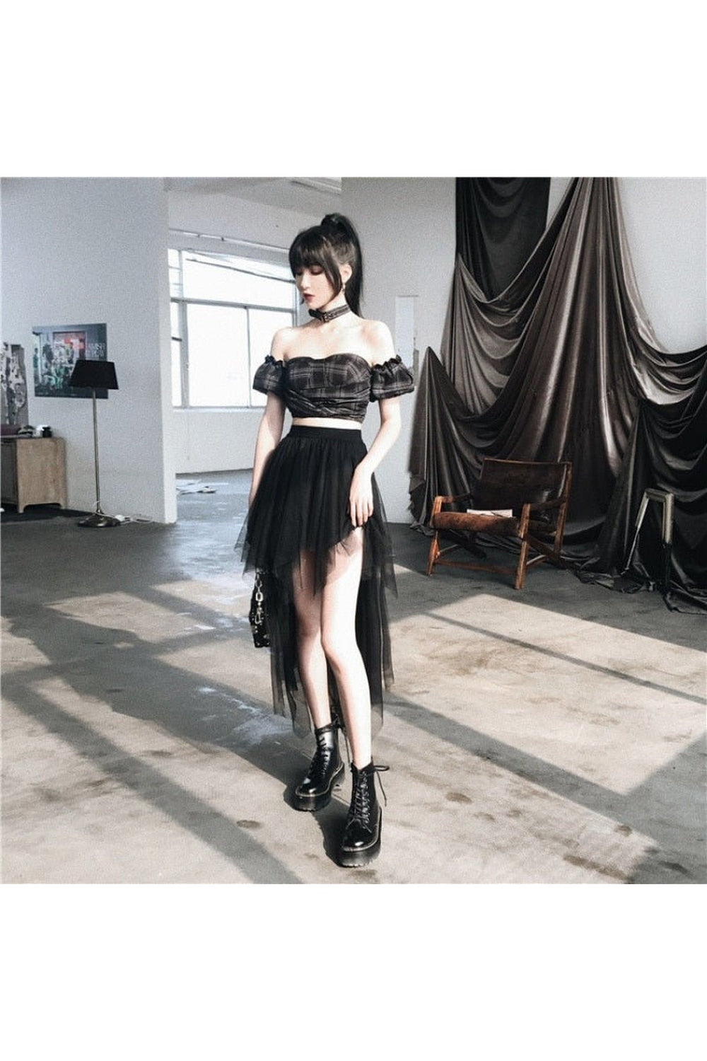 High Waist Goth Mesh Skirt - Skirts