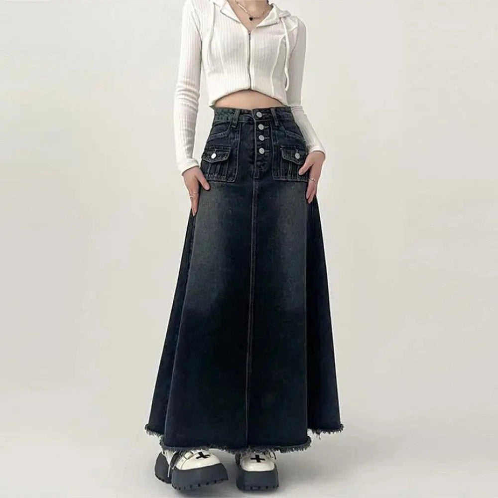 Y2k High-Waisted Cargo Denim Midi Skirt retro grey Shoptery