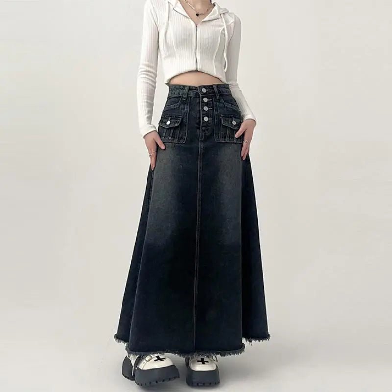 High-Waisted Cargo Denim Midi Skirt -