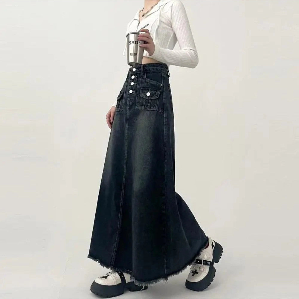Y2k High-Waisted Cargo Denim Midi Skirt Shoptery