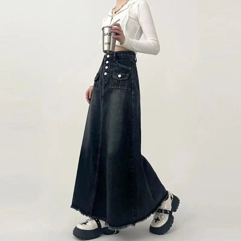 Y2k High-Waisted Cargo Denim Midi Skirt Shoptery