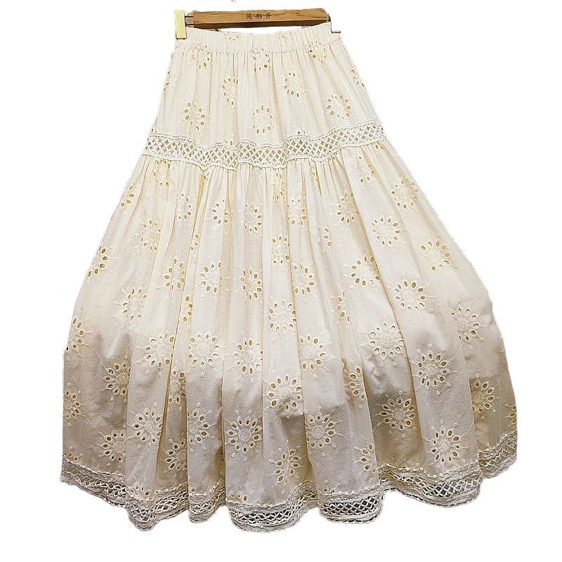 Hollowed-out Embroidered Long Skirt - Skirts