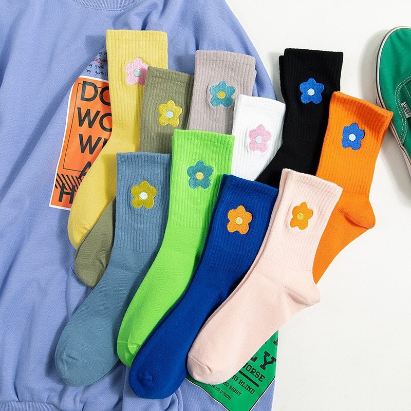 Indie Aesthetic Flower Embroider Cute Socks - Socks