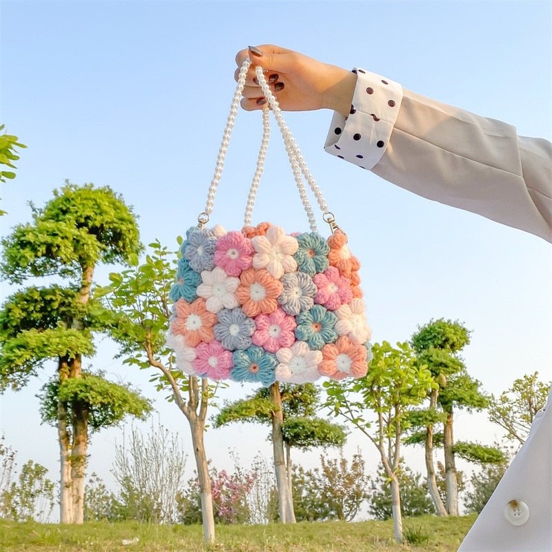 Indie Crochet Bag With Puff Flower - Apparel & Accessories