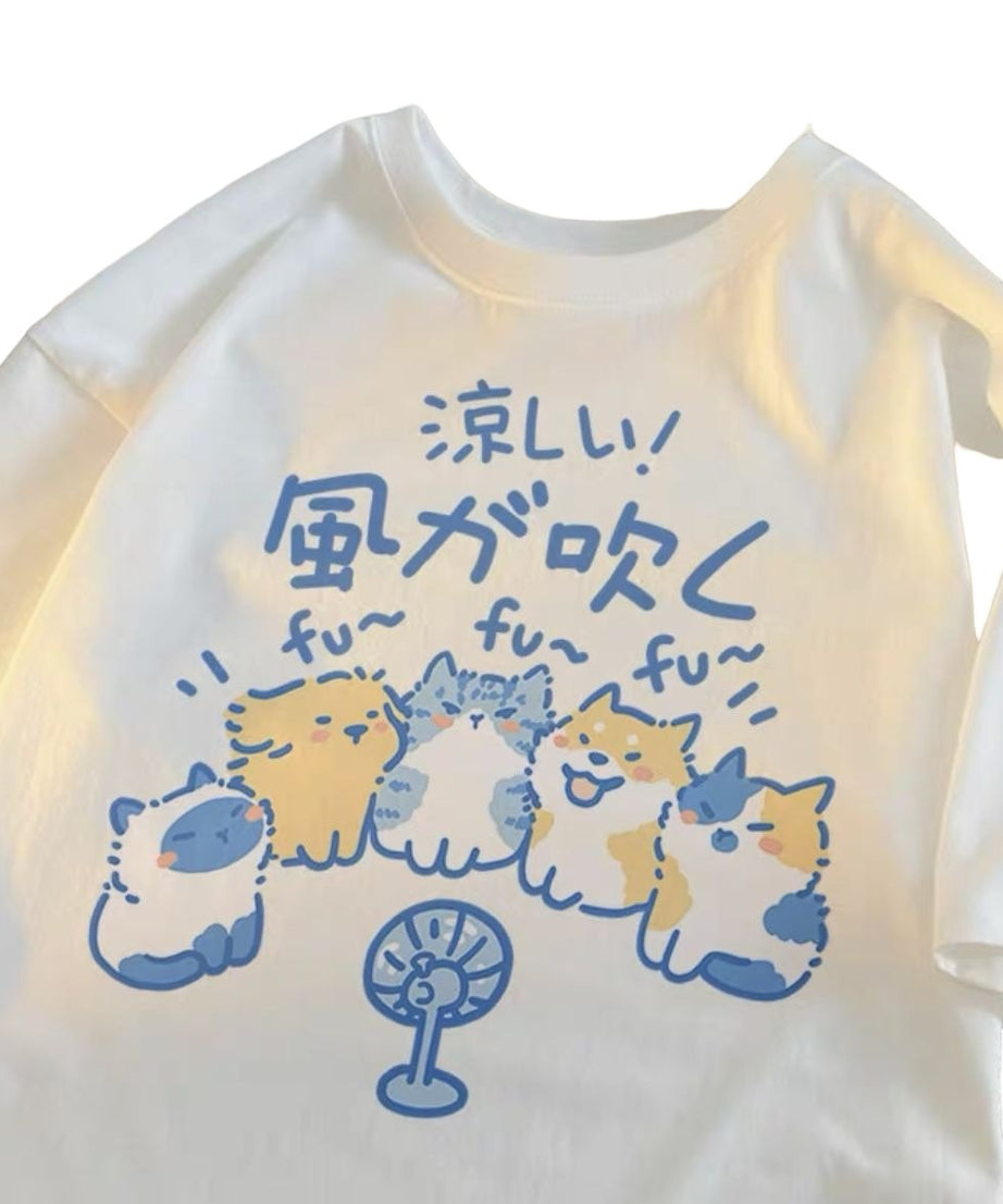 Japanese Cat & Dog Print Cotton T-Shirt - T-shirts
