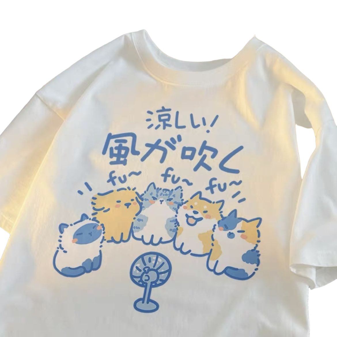 Japanese Cat & Dog Print Cotton T-Shirt - T-shirts